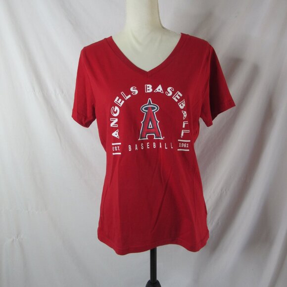 Angels Baseball T Shirt Women Los Angeles Anaheim Red V Neck Size Large NWT - Picture 1 of 9